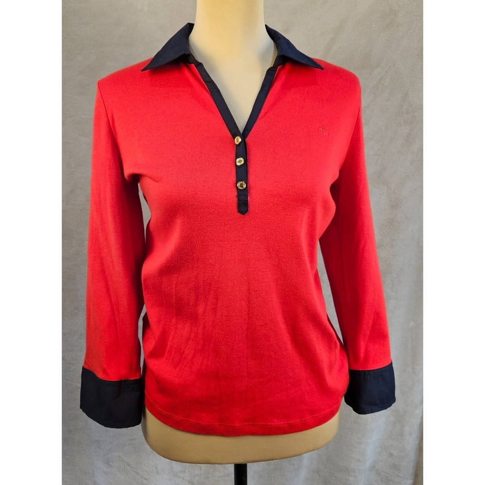 Lauren Ralph Lauren Womens Red Knit Top Navy Trim Collared V Neck LRL Logo S